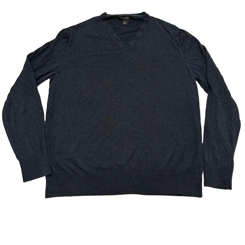 Banana Republic Mens Luxury Blend V-Neck Sweater Navy Blue Silk Cashmere XLarge